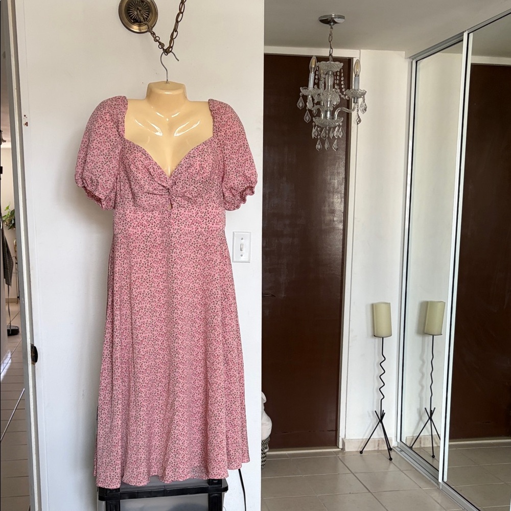 SHEIN Pink Floral Puff Sleeve Midi Dress